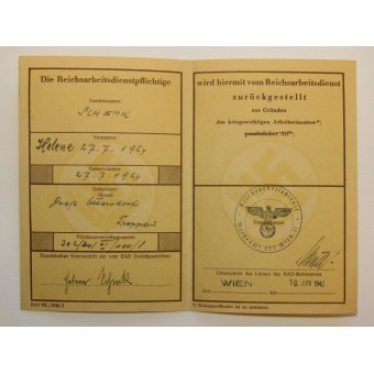 Reichsarbeitsdienst Zurückstellungsschein W.J.. Délivré à Ichenk Helene. Espenlaub militaria